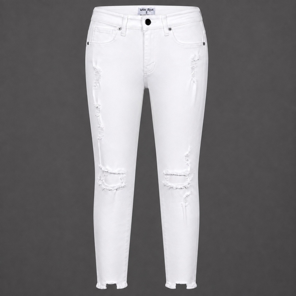 White Birch Distressed White Skinny Jeans Ripped Knee Raw Hem Womens Size S Chic